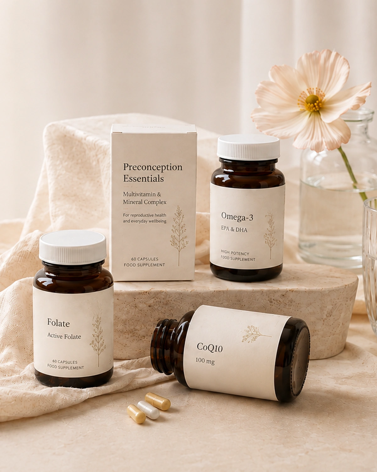 Neutral preconception supplements arranged in a soft editorial still-life setting.