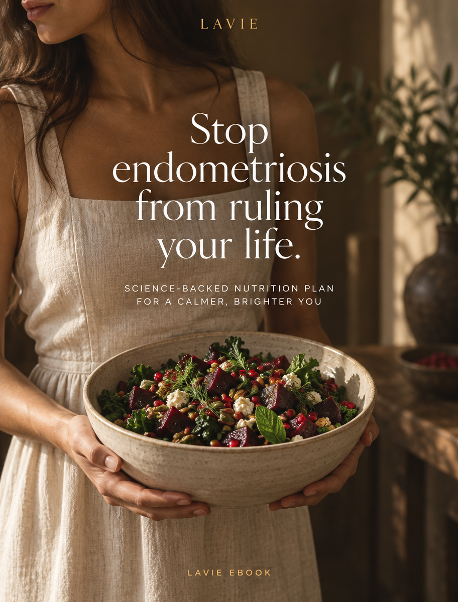 Endometriosis Care ebook cover with a woman holding a beetroot and pomegranate salad
