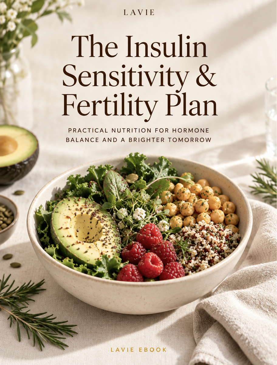 The Insulin Sensitivity & Fertility Plan ebook cover with a bowl of greens, avocado and raspberries